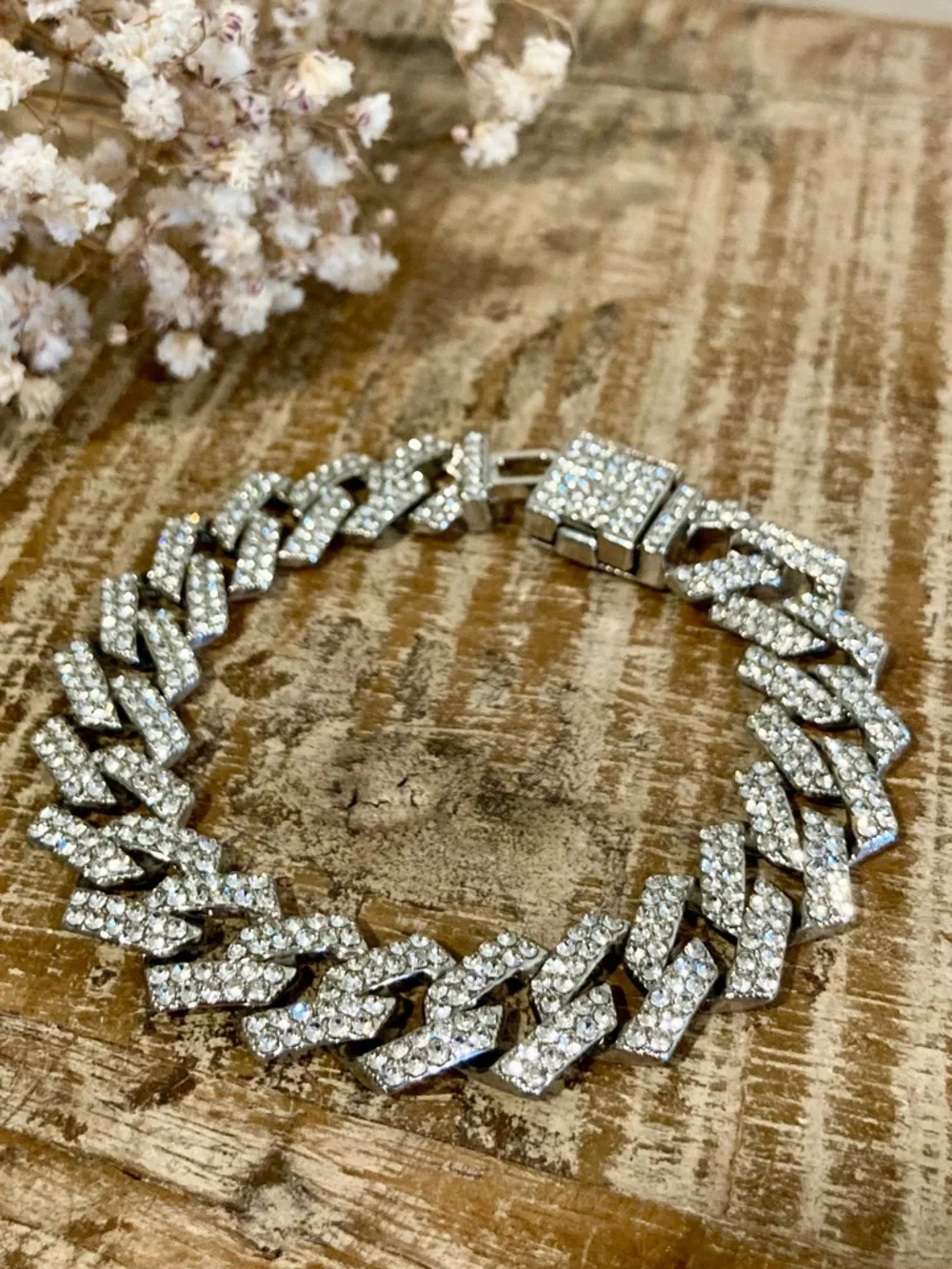 Men’s Miami Cuban Chain Silver Tone Bracelet with Rhinestones